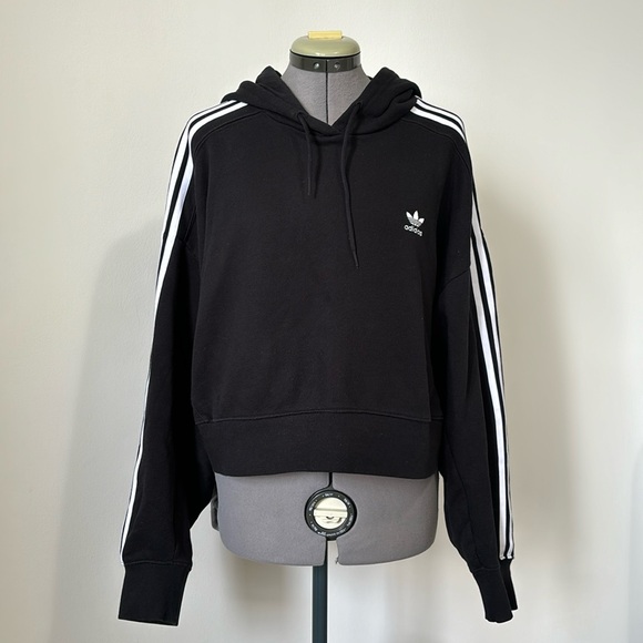 adidas Originals Womens Adicolor Classics Cropped Hoodie Black 3-Stripes - Picture 3 of 12